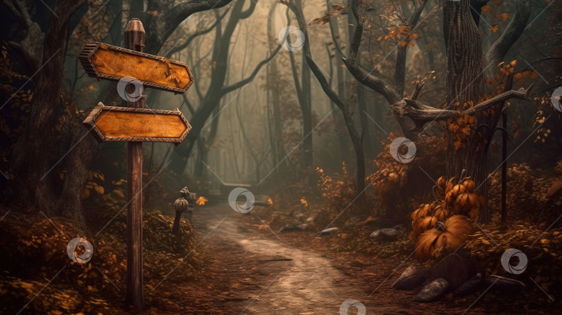 Скачать Вывеска на входе в темную сказочную деревню в стиле Хэллоуина. Сгенерированный искусственный интеллект. фотосток Ozero