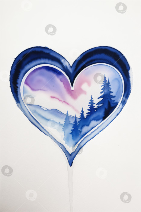Скачать Акварельная абстрактная иллюстрация зимнего пейзажа в форме сердца фотосток Ozero