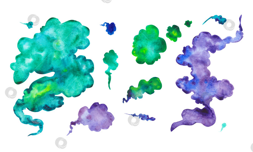 Скачать Набор волшебного дыма зеленого, синего и фиолетового цветов на белом фоне. Акварельная иллюстрация абстрактного облака. Мистицизм. Коллекция для Хэллоуина. Подходит для создания фона. фотосток Ozero