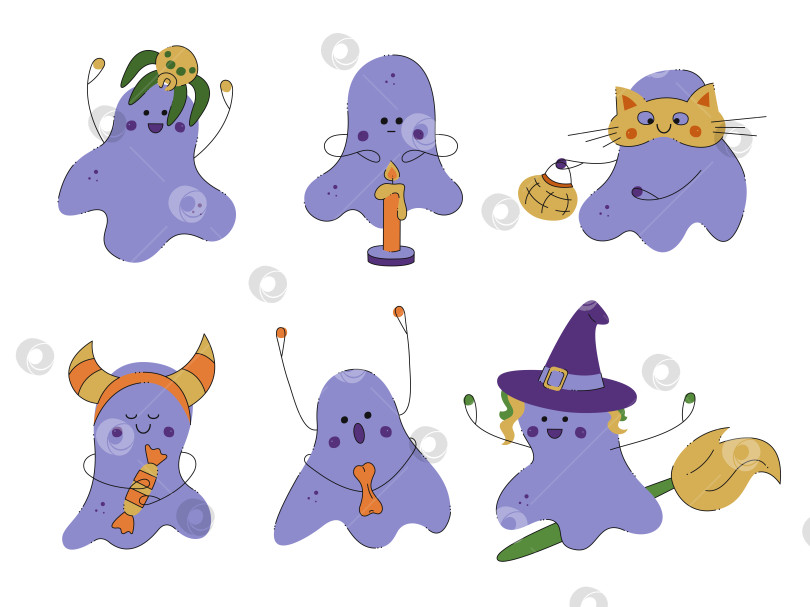 Скачать Коллекция милых призраков для украшения Хэллоуина. Цветная векторная иллюстрация каракулей. фотосток Ozero