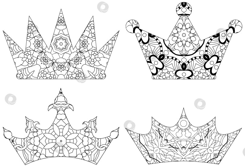 Скачать Набор корон, стилизованных под зентангл. Векторная иллюстрация кружева, нарисованная от руки фотосток Ozero