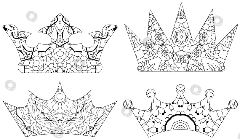 Скачать Набор коронок, стилизованных под Зентангл, для раскрашивания. Векторная иллюстрация кружева, нарисованная от руки фотосток Ozero