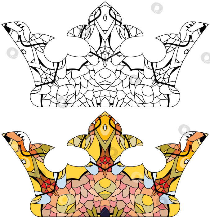 Скачать Стилизованная под зентангл корона для раскрашивания. Векторная иллюстрация кружева, нарисованная от руки. Набор цветов и контуров фотосток Ozero