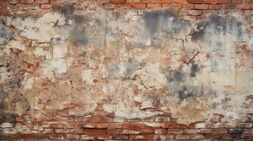 Скачать Фоновая текстура старой кирпичной стены с повреждениями, вызванными погодными условиями. Созданный искусственный интеллект. фотосток Ozero