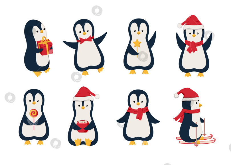 Скачать Набор пингвинов - забавных, мультяшных милых персонажей, празднующих Новый год и Рождество. Векторная иллюстрация концепции зимних каникул. фотосток Ozero
