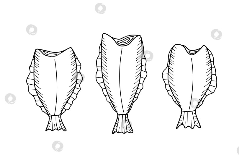 Скачать Палтус рисует каракули с изображением обезглавленной рыбы. Векторная иллюстрация камбалы с изображением сырой или сушеной рыбы, морепродуктов. фотосток Ozero