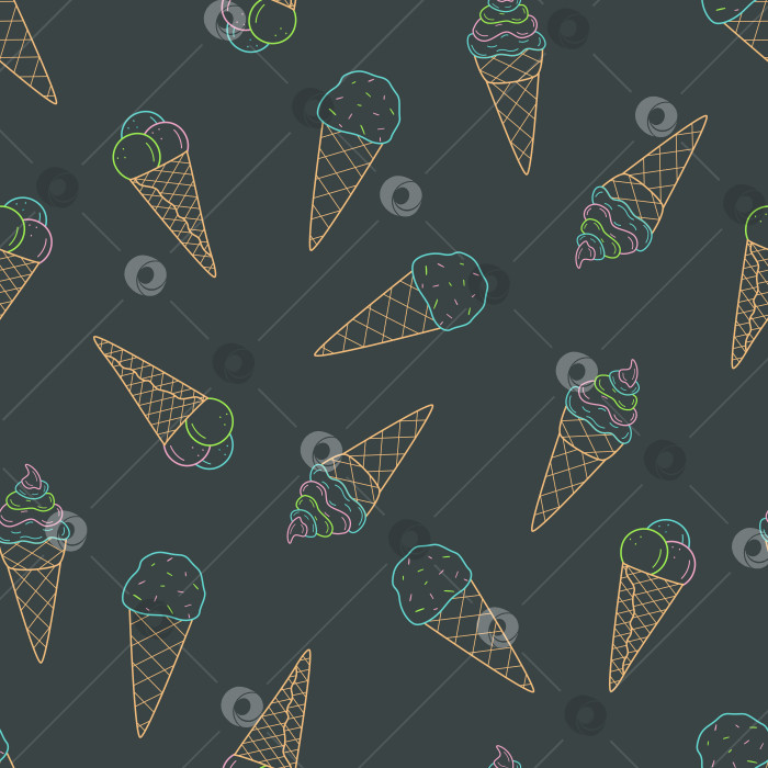 Скачать Мультяшный набор с бесшовным рисунком мороженого в вафельных стаканчиках-конусах. Фоновые обои векторная каракулевая иллюстрация эскиза летнего десерта. фотосток Ozero