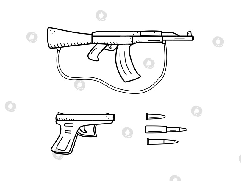 Скачать Автомат и пистолет с пулями и снарядами, вектор значков огнестрельного оружия. Боевое оружие выделено белым цветом. фотосток Ozero