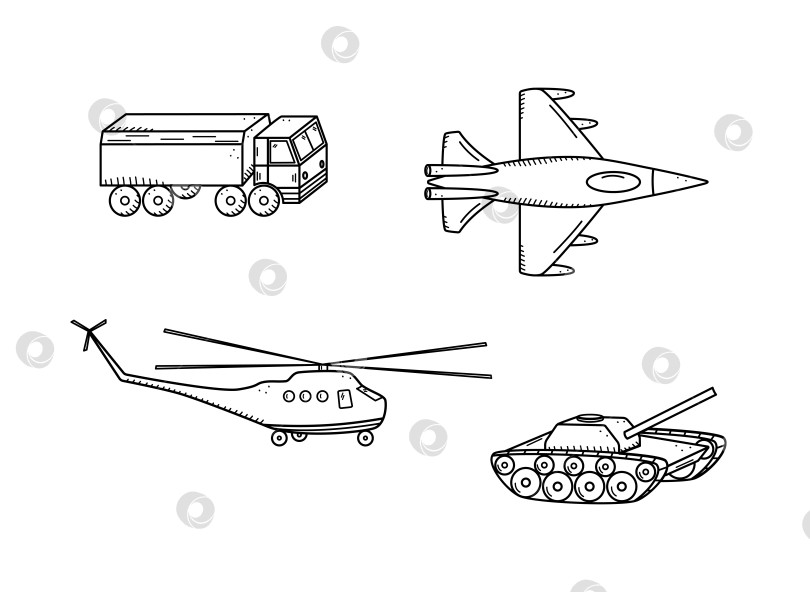 Скачать Значки с военными каракулями. Векторная иллюстрация набора военного транспорта и авиации. фотосток Ozero