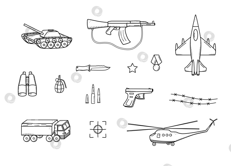 Скачать Военные каракули-значки. Векторная иллюстрация набора военной техники, армейских предметов. фотосток Ozero