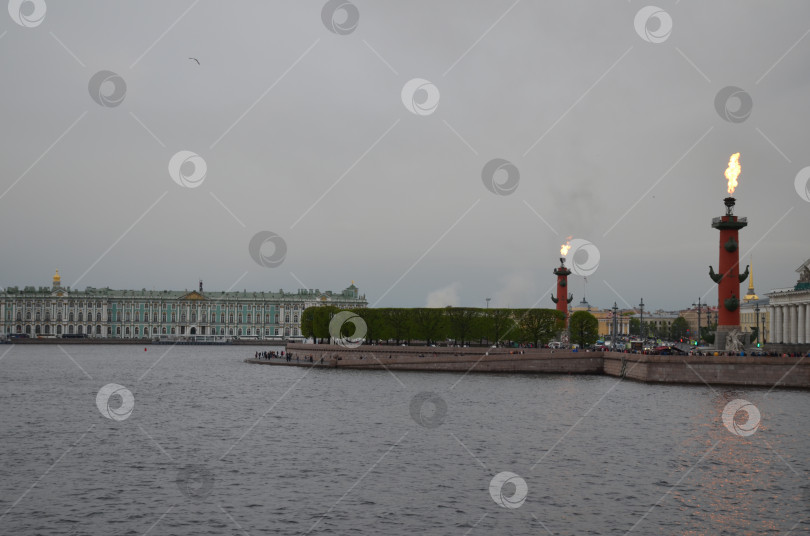 Скачать Вид на стрелку Васильевского острова и Эрмитраж, факелы на Ростральных колоннах фотосток Ozero