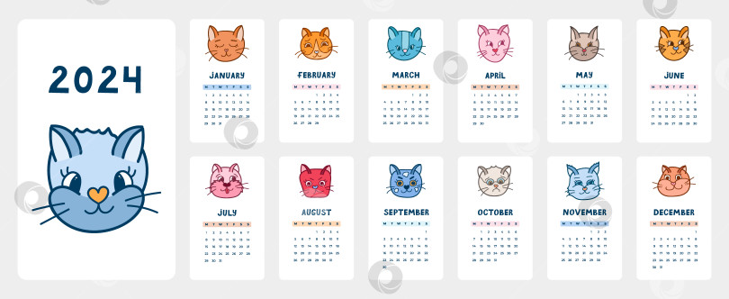 Симпатичный шаблон календаря на 2024 год с креативными иллюстрациями  кошачьих мордочек. Календарная сетка с указанием недель начинается в  понедельник для детского сада или офиса. Вертикальный ежемесячный календарь  для планирования - Ozero - российский ...