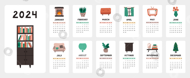 Скачать Симпатичный шаблон календаря на 2024 год с уютными иллюстрациями домашнего интерьера. Календарная сетка с указанием недель начинается в понедельник для детской комнаты или офиса. Вертикальный ежемесячный календарь для планирования фотосток Ozero