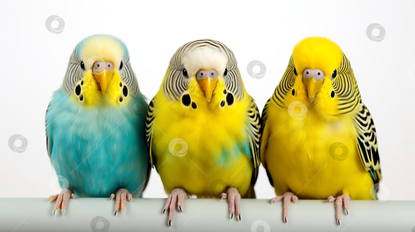 Скачать Крупный план трех милых ручных волнистых попугайчиков, сидящих на жердочке. Созданный искусственный интеллект. фотосток Ozero