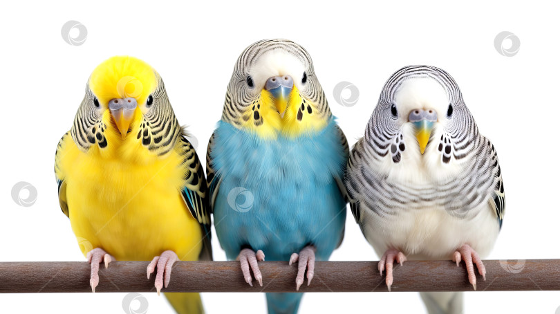Скачать Крупный план трех милых ручных волнистых попугайчиков, сидящих на жердочке. Созданный искусственный интеллект. фотосток Ozero