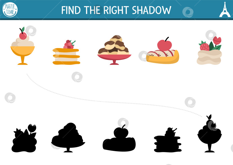Скачать Деятельность по подбору теней во Франции. Пазл с традиционными французскими десертами. Найдите правильный лист для печати силуэта. Веселая страничка для детей с эклером, профитролем, меренгой, муссом фотосток Ozero
