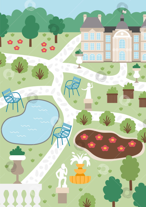 Скачать Векторная иллюстрация пейзажа Люксембургского сада в Париже. Вертикальная сцена городского парка французской столицы с дворцом, скамейками, стульями, скульптурами, прудом, деревьями. Милый французский фон фотосток Ozero