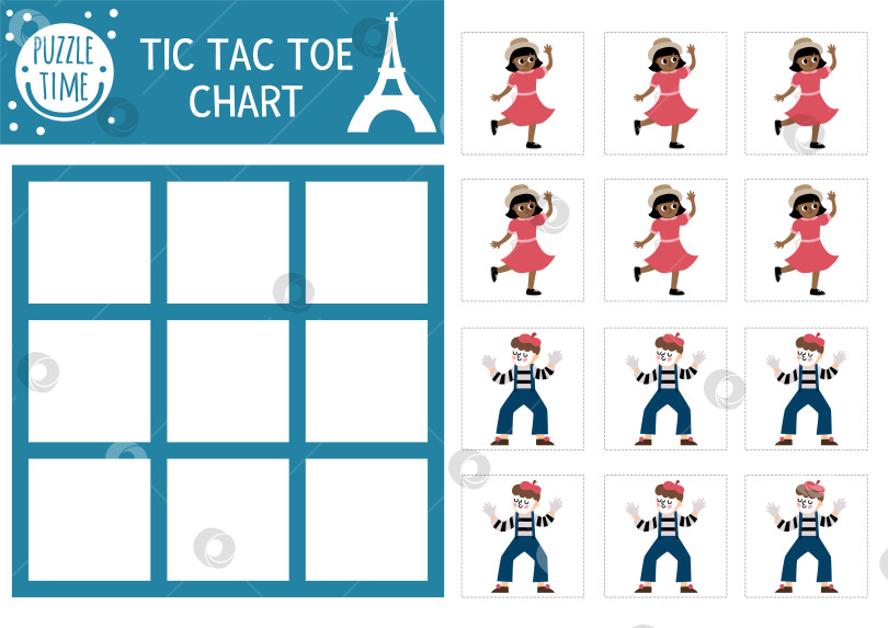 Скачать Векторная диаграмма Франции в крестики-нолики с девушкой в красивом платье и пантомимой. Игровое поле для настольной игры. Забавный французский лист для печати. Сетка из крестиков и ноликов с милыми персонажами фотосток Ozero