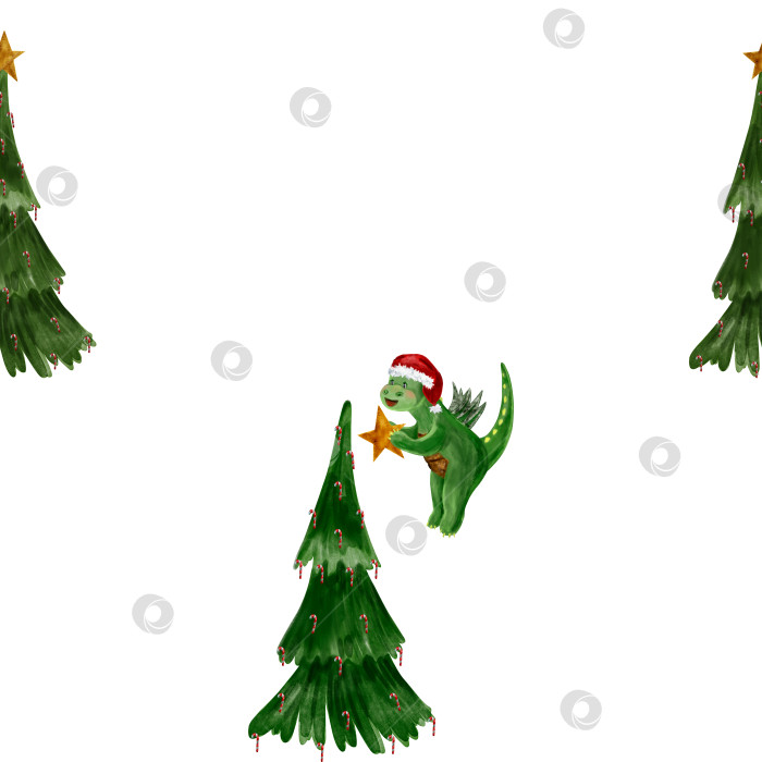 Скачать Акварельный узор милый летающий дракон с гирляндой в шляпе Санты, украшающий рождественскую елку гирляндой. Символ бесшовного узора 2024 фотосток Ozero