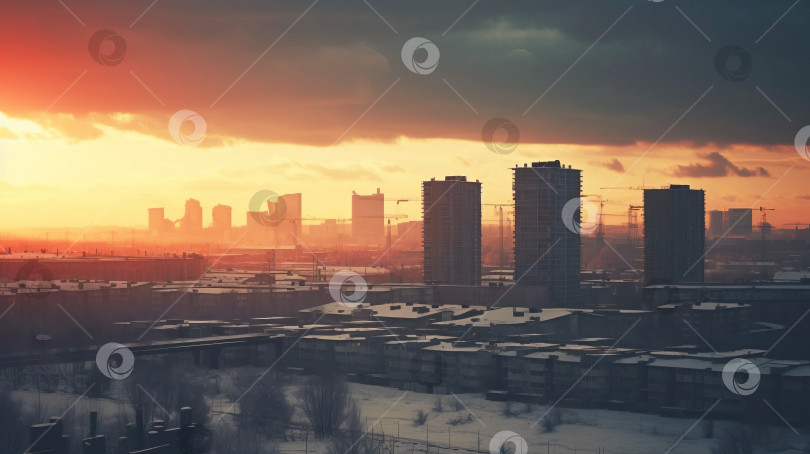 Скачать Зимний городской пейзаж на рассвете. Созданный искусственным интеллектом фотосток Ozero