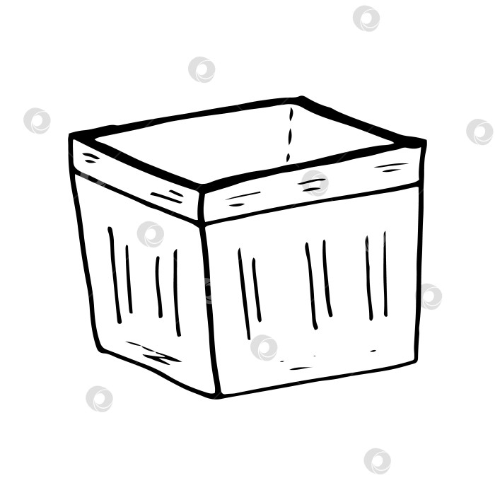 Скачать Векторная иллюстрация каракулей в корзине из деревянной коробки. Пустой деревянный ящик в линейном стиле. Схема хранения в ящике. фотосток Ozero