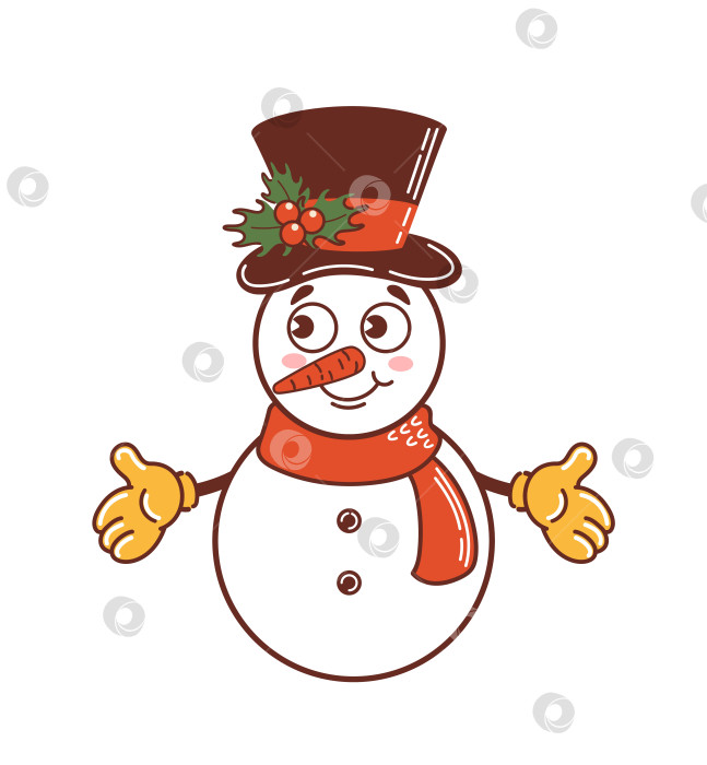 Скачать Снеговик в шарфе и шапке. Милый рождественский персонаж в старом ретро-мультяшном стиле. Листья остролиста и ягоды. Винтажная праздничная иллюстрация для наклеек, плакатов, элементов дизайна фотосток Ozero