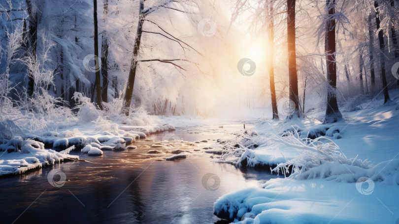 Скачать Зимний пейзаж, река, лес, низкое зимнее солнце. Созданный искусственным интеллектом фотосток Ozero