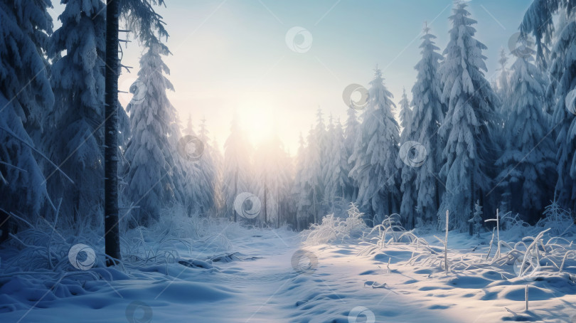 Скачать Зимний лесной пейзаж с заснеженными елями. Созданный искусственный интеллект. фотосток Ozero
