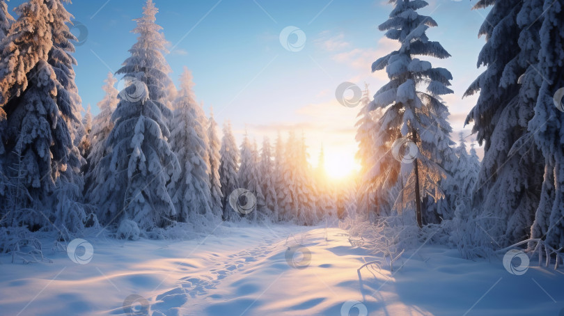 Скачать Зимний лесной пейзаж с заснеженными елями. Созданный искусственный интеллект. фотосток Ozero