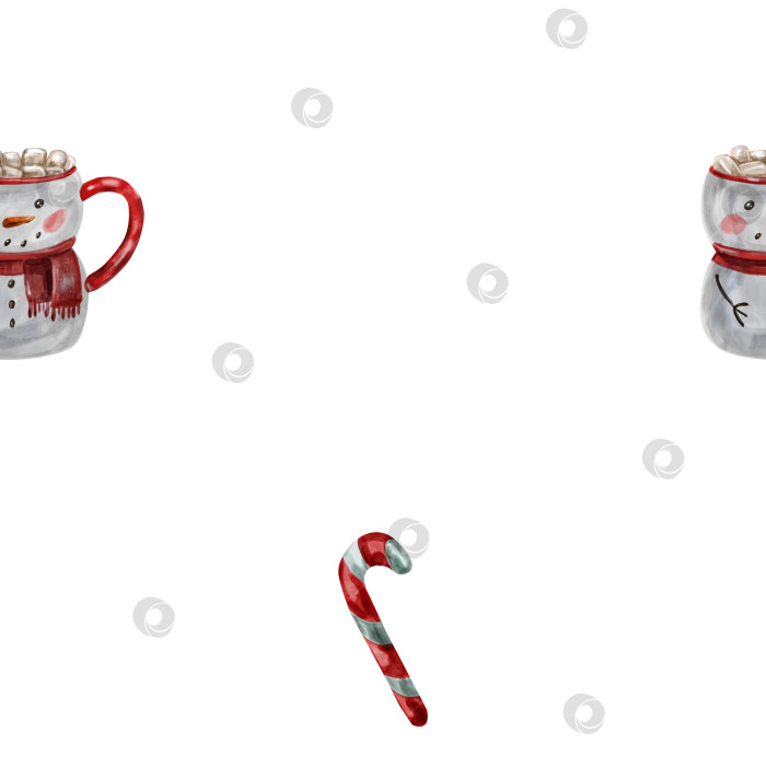 Скачать Акварельный узор из традиционных рождественских конфет с горячим какао в кружке со снеговиком. Рождественские конфеты и какао с зефиром фотосток Ozero