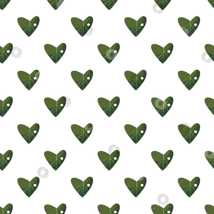 Скачать Бесшовный узор: Абстрактное сердце из зеленых листьев. Лист растения в форме сердца. Бесшовный узор на белом фоне. Используйте для обоев, тканей, баннеров, открыток, фона обоев. Векторная иллюстрация. фотосток Ozero
