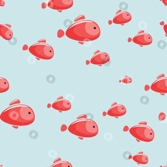 Скачать Бесшовный узор с розовой рыбкой на синем фоне. Рыбы разных размеров. Мультяшная, плоская иллюстрация. Может использоваться для тканей, текстиля, обоев, оберточной бумаги, детской одежды. фотосток Ozero