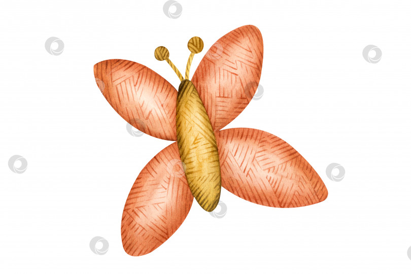Скачать Акварельная иллюстрация, вязаная бабочка, мотылек, шерстяная игрушка, плетеное насекомое, вязаная текстура, имитация вязания красного и алого цветов фотосток Ozero