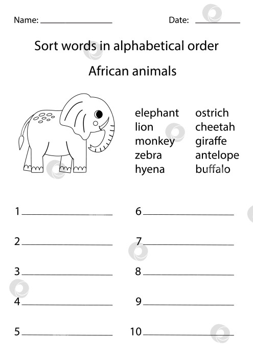 Скачать Отсортируйте слова в алфавитном порядке. Африканские животные. фотосток Ozero