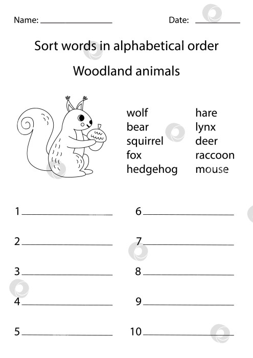 Скачать Отсортируйте слова в алфавитном порядке. Лесные животные. фотосток Ozero