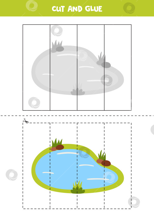 Скачать Игра "Вырезай и склеивай" для детей. Милый мультяшный пруд с водой. фотосток Ozero