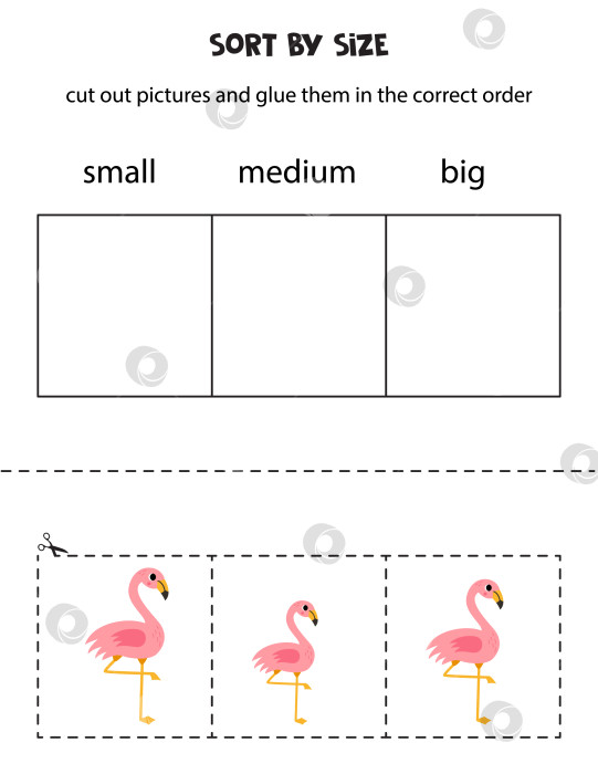 Скачать Отсортируйте милых розовых фламинго по размеру. Обучающий лист для детей. фотосток Ozero