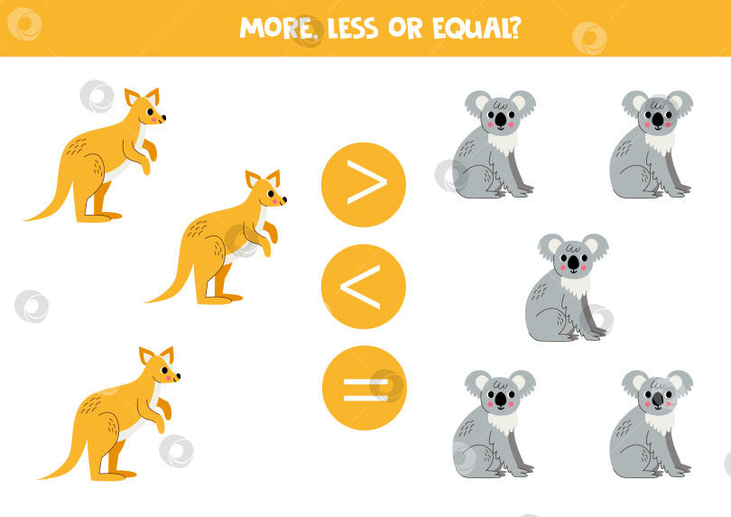 Скачать Больше, меньше или наравне с мультяшными австралийскими животными. Кенгуру и коала. фотосток Ozero