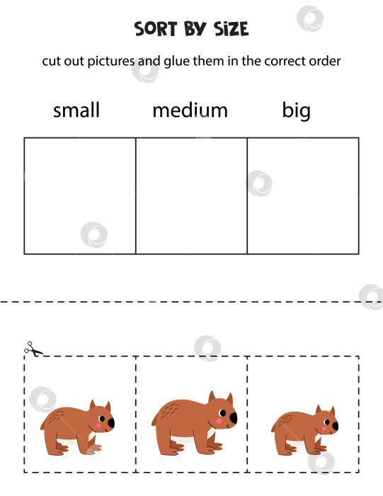 Скачать Отсортируйте симпатичных вомбатов по размеру. Обучающий лист для детей. фотосток Ozero