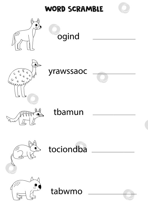 Скачать Головоломка для детей. Словесная перепалка для детей. Черно-белые австралийские животные. фотосток Ozero