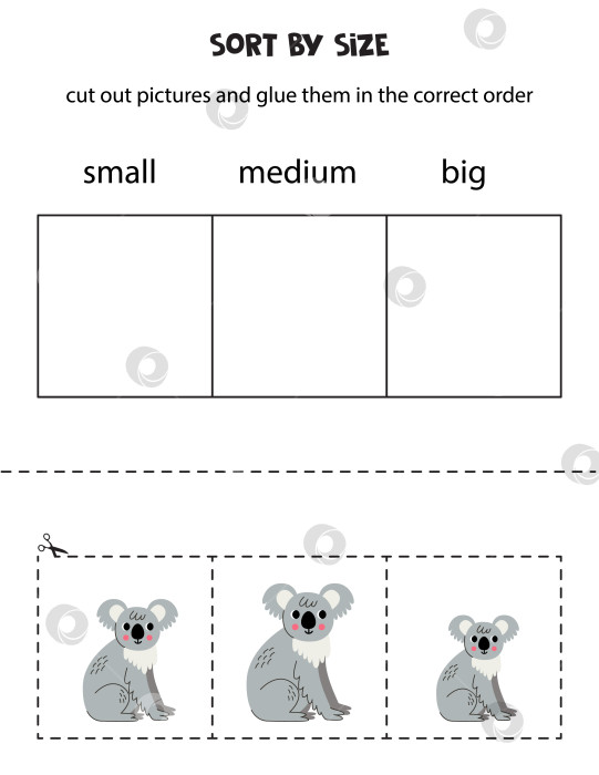 Скачать Отсортируйте милых серых коал по размеру. Обучающий лист для детей. фотосток Ozero