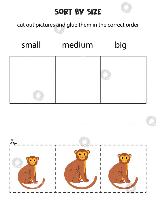 Скачать Отсортируйте милую коричневую обезьянку по размеру. Обучающий лист для детей. фотосток Ozero