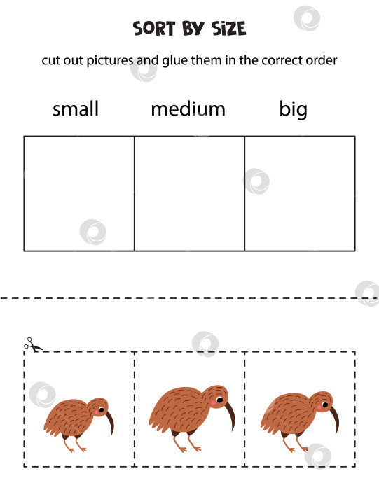 Скачать Отсортируйте милую птичку киви по размеру. Обучающий лист для детей. фотосток Ozero