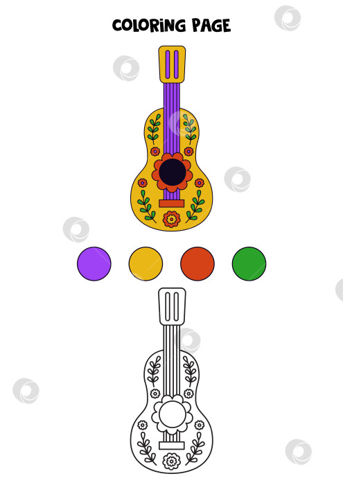 Скачать Раскраска с нарисованной от руки мексиканской гитарой. Рабочий лист для детей. фотосток Ozero