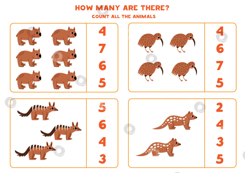 Скачать Подсчитайте всех австралийских животных и обведите правильные ответы кружком. фотосток Ozero