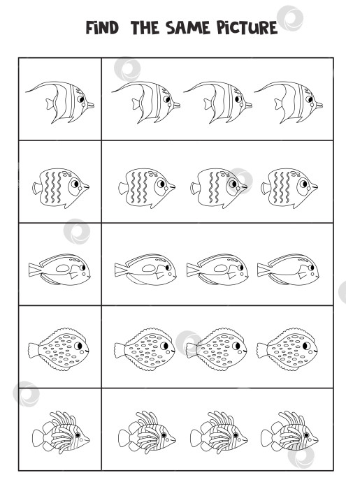 Скачать Найдите двух одинаковых морских рыб. Черно-белый рабочий лист. фотосток Ozero