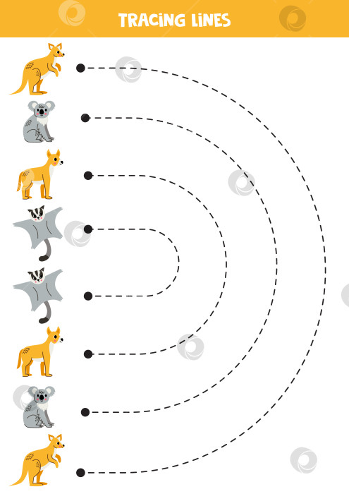 Скачать Прослеживание линий для детей. Австралийские животные. Практика письма от руки. фотосток Ozero
