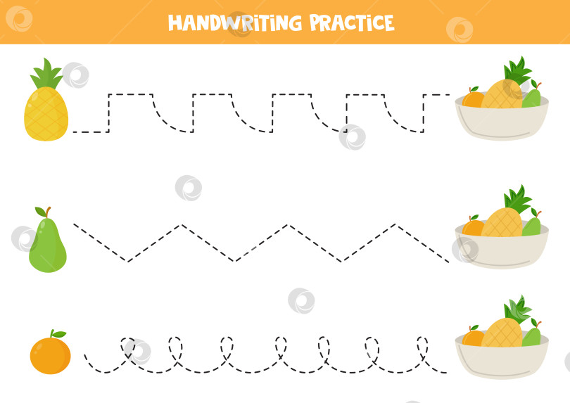 Скачать Прослеживание линий для детей. Мультяшные фрукты в миске. Практика письма от руки. фотосток Ozero