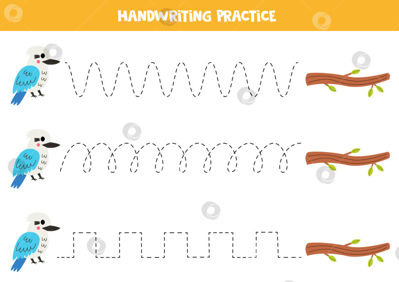 Скачать Прослеживание линий для детей. Симпатичная птичка кукабурра и ветка дерева. Практика письма от руки. фотосток Ozero