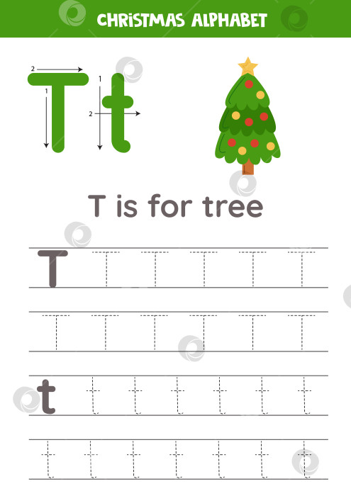 Скачать Отслеживание букв алфавита для детей. Рождественский алфавит. T означает дерево. фотосток Ozero